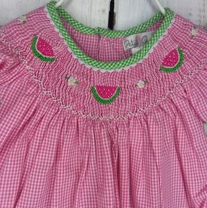 Smocked watermelon pink and green gingham set
